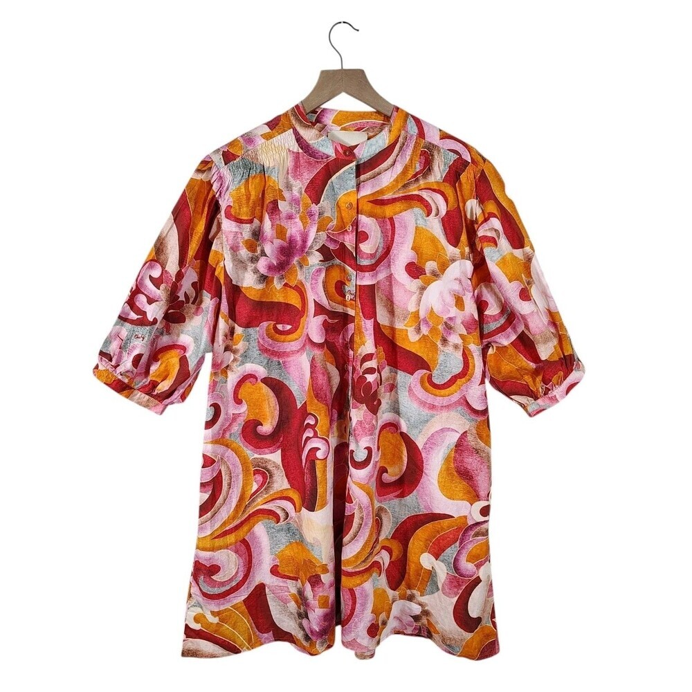 Chufy 100% Organic Cotton Floral Swirl Button Front Mini Dress Shirt Tunic Large